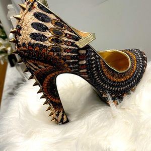 Black Multi Color Ankle Strap And Studded Heels.